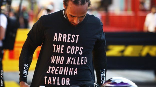 Lewis Hamilton wearing a T-shirt before the Tuscan Grand Prix bearing the message: "Arrest the cops who killed Breonna Taylor"