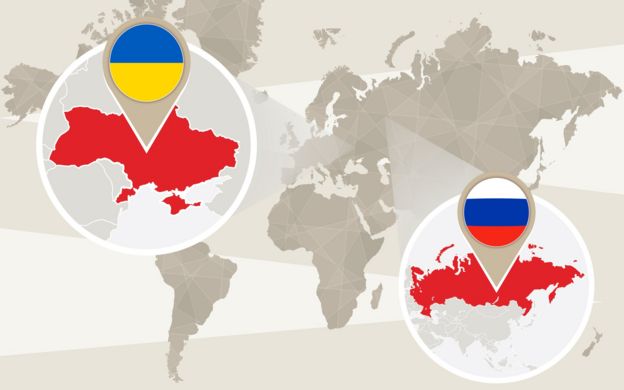 Mapa situando en un mapa global a Rusia y Ucrania.
