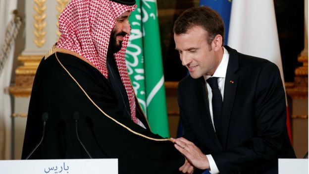 French President Emmanuel Macron and Saudi Arabia"s Crown Prince Mohammed bin Salman attend a press conference at the Elysee Palace in Paris, France, April 10, 2018