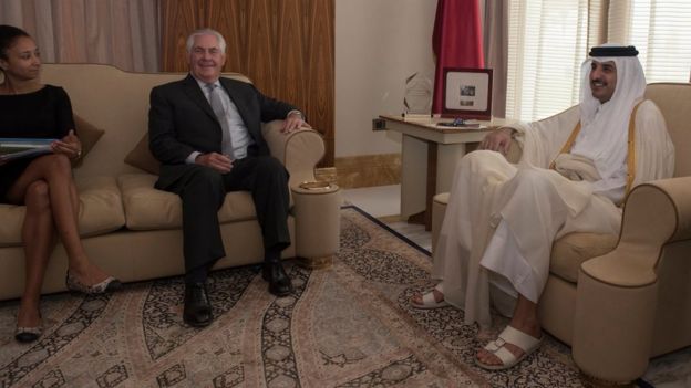US Secretary of State Rex Tillerson (C) meets Qatar's Emir, Sheikh Tamim Bin Hamad Al Thani (R), at the Sea Palace in Doha, Qatar (13 July 2017)