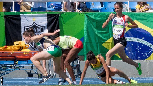 Sara Treacy (left) gets up after falling in her 3,000m steeplechase heat in Rio