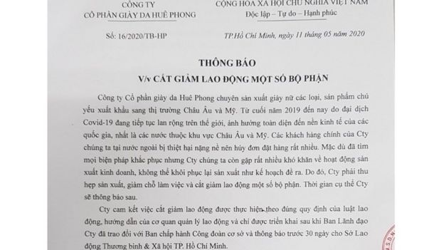 Thông cáo về việc cắt giảm nhân sự của công ty Huê Phong