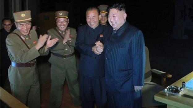 North Korean leader Kim Jong-Un (R) celebrates a test launch of an intercontinental ballistic missile Hwasong-14 at undisclosed place in North Korea. 29 July 2017