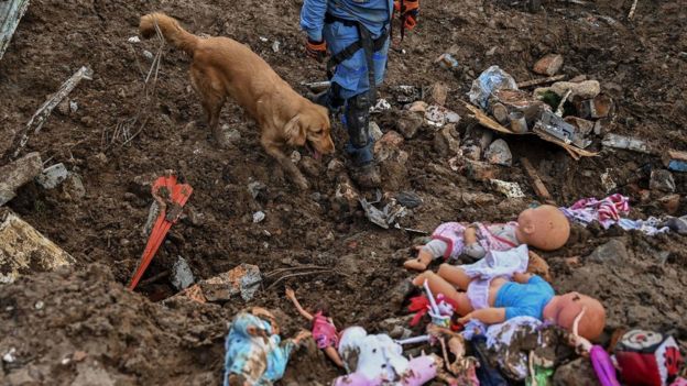 A member of the Colombian Red Cross and his dog, Gretta, search for victims amid dolls
