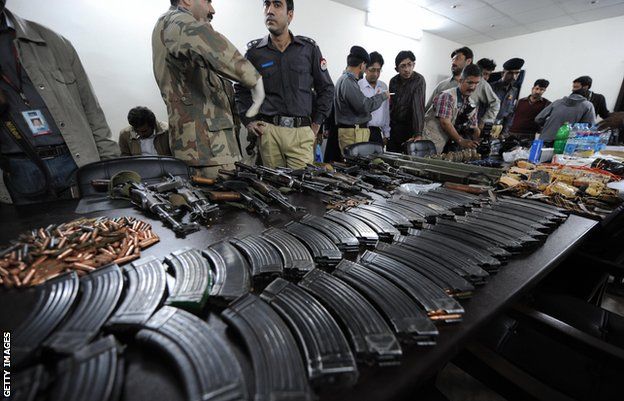 Pakistan police display recovered militants' weapons