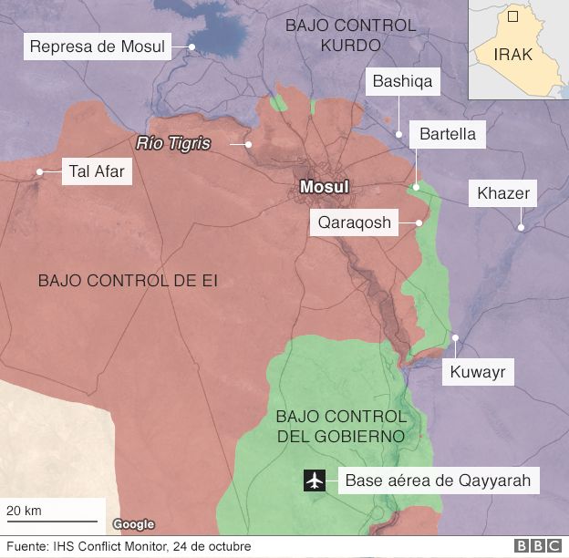 Mapa sobre el avance de la batalla sobre Mosul.