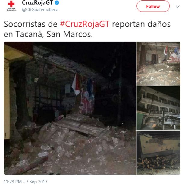 Guatemala's Red Cross tweeted damage in the town of Tacana, close to the Mexican border