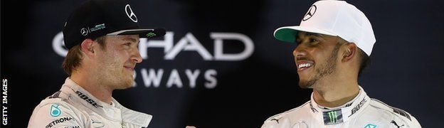 Hamilton congratulates Nico Rosberg after the Abu Dhabi Grand Prix