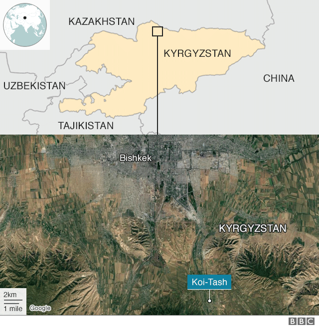 A map shows Kyrgyzstan in relation to China, India, and its neighbours, with Bishek, the capital, marked