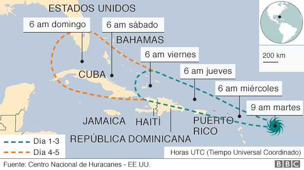 Mapa con la trayectoria prevista por el huracán Irma.