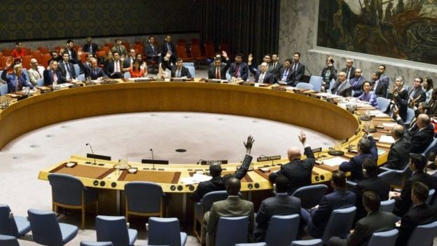 Members of the United Nations Security Council vote on a resolution to implement new sanctions against North Korea at United Nations headquarters in New York, 5 August 2017