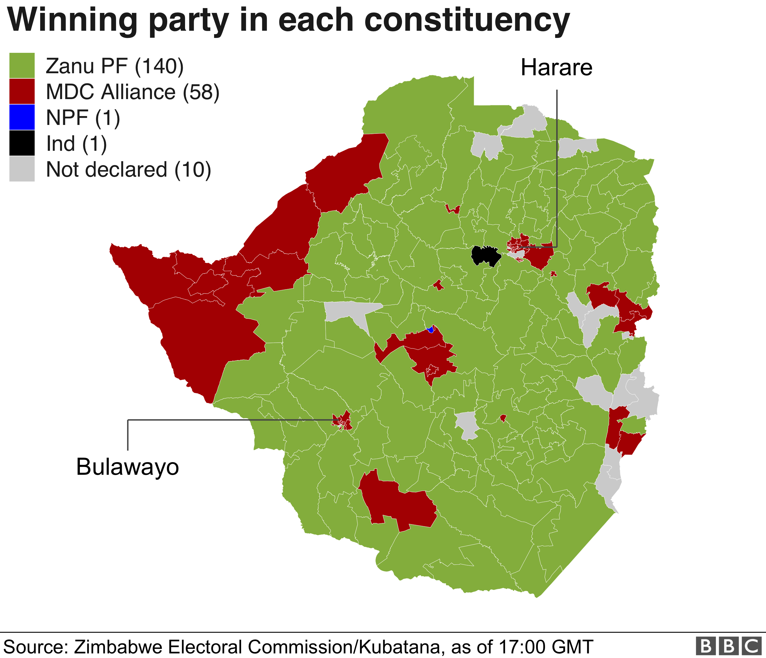 Map of election results. MDC won in the cities but Zanu PF dominated the rural areas