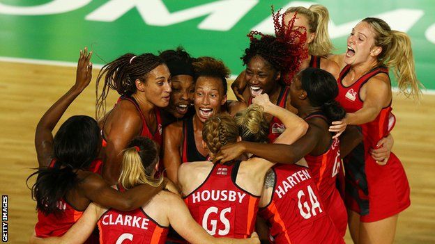England Netball team celebrate victory in the 2018 Commonwealth Games final against Australia