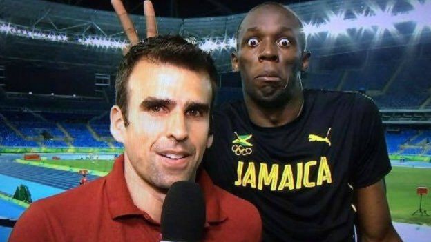 Usain Bolt photobombing a Brazilian ESPN reporter