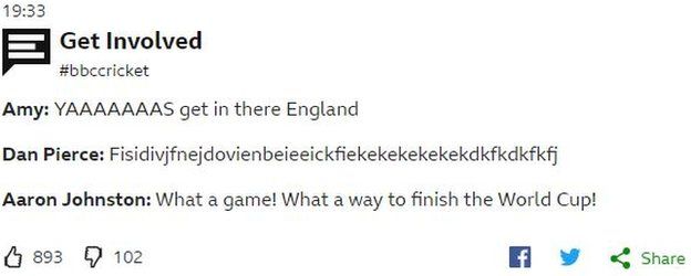 Tweets to BBC Sport saying "Yes. get in there England" and "what a game. What a way to finish a World Cup."