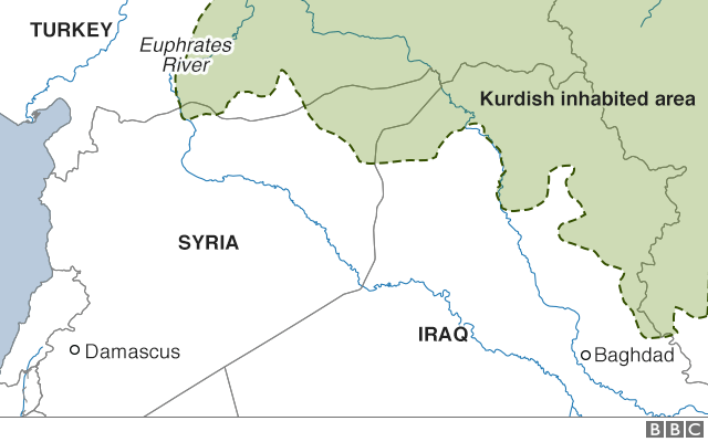 Map showing Kurdish inhabited areas in Syria, Iraq, Turkey and Iran