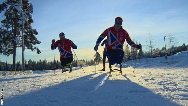 Para-skiers Steve Arnold, Terry Ahrend and Scott Meenagh
