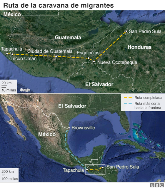 Mapa de la caravana de migrantes