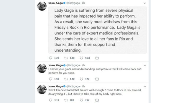 mensagens no Twitter de Lady Gaga comunicando que não viria ao Brasil para Rock in Rio