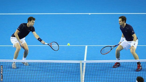 Jamie Murray and Andy Murray in action at the Davis Cup
