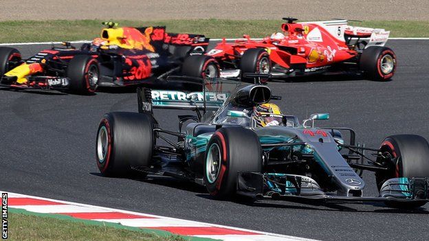 Lewis Hamilton leads Max Verstappen and Sebastian Vettel during the Japanese Grand Prix in October