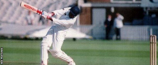 Brian Lara drills his world record breaking four - one of 72 boundaries he hit in that innings - to the extra cover rope