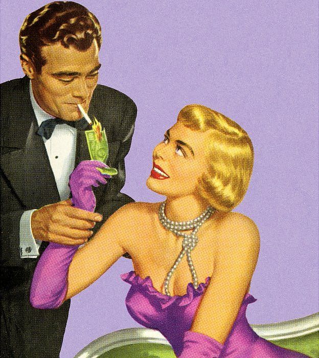 Mujer elegante encendiendo el cigarrillo de un hombre con un billete