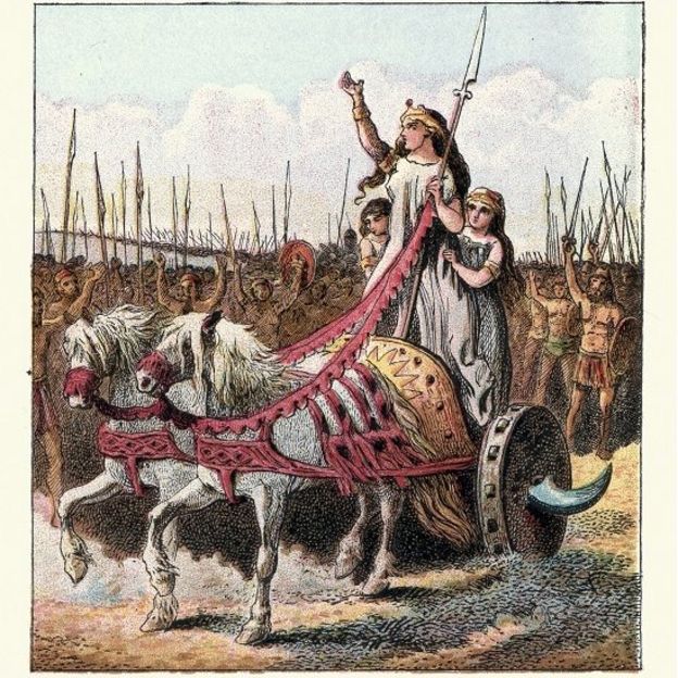 Gravura de Boudicca em sua carruagem liderando seu exército
