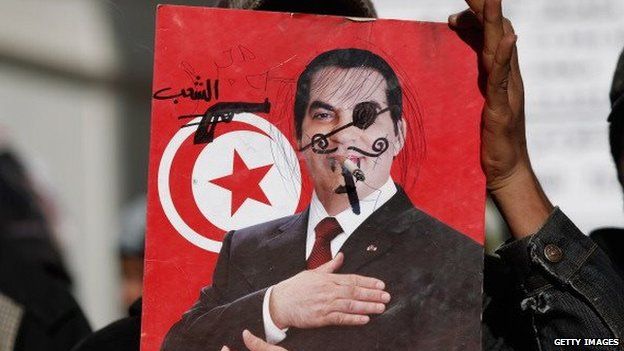 A protester displays a defaced portrait of ousted president Zine al-Abidine Ben Ali