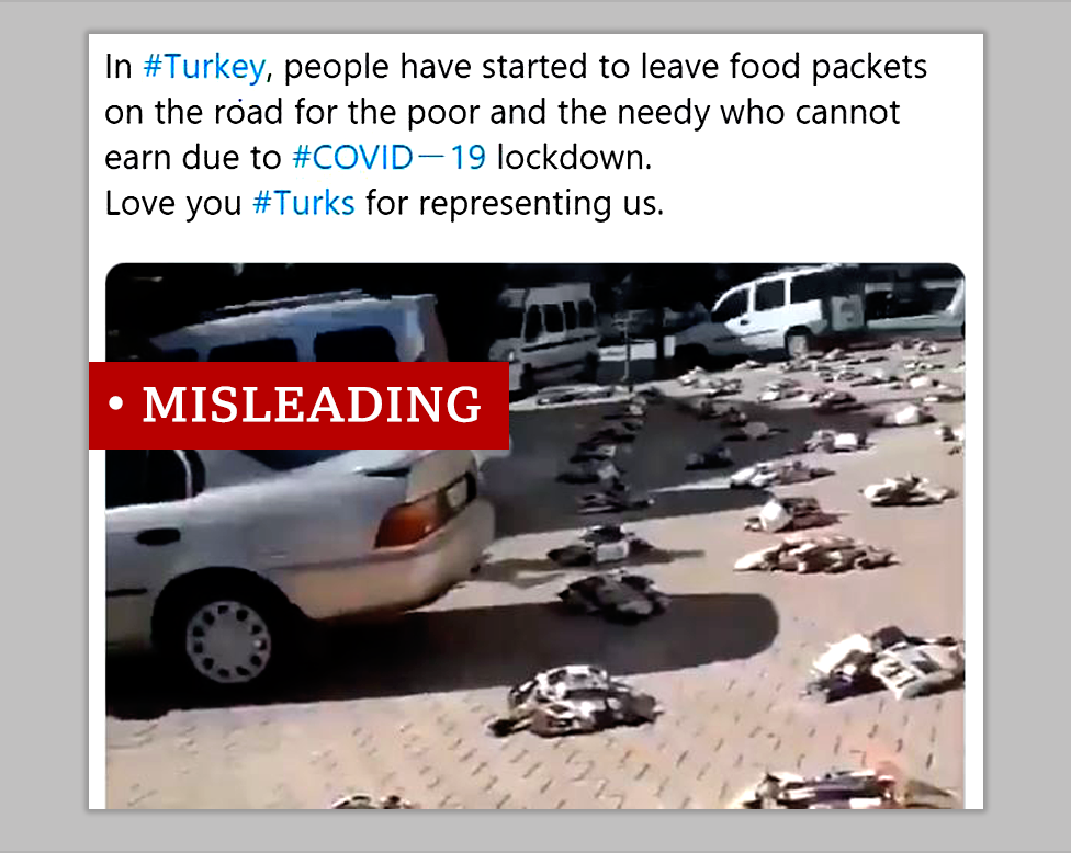 Screenshot of a misleading post claims video in Turkey shows food donations to help people during the coronavirus outbreak