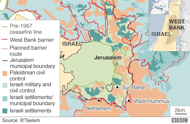 Map of Jerusalem and the West Bank, showing location of Sur Baher and Wadi Hummus