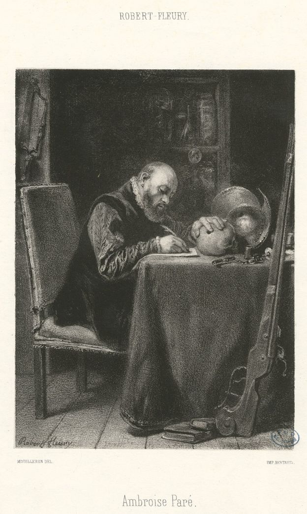 Grabado que representa a Ambroise Paré escribiendo, hecho por Robert Fleury. (Foto: Bibliothèque Interuniversitaire de Santé vía Wikimedia Commons)