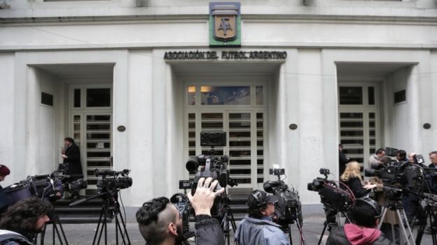 Journalists outside the headquarters of the Argentine Football Association, AFA, in Buenos Aires; file picture