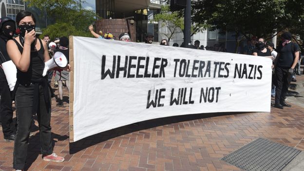 La pancarta lee: "Wheeler tolera a los nazis, nosotros no"