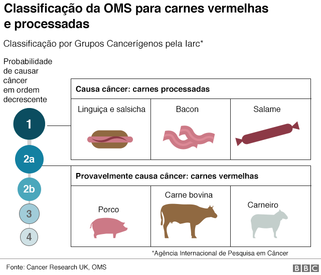 GrÃ¡fico: efeito cancerÃ­geno das carnes vermelhas e processadas