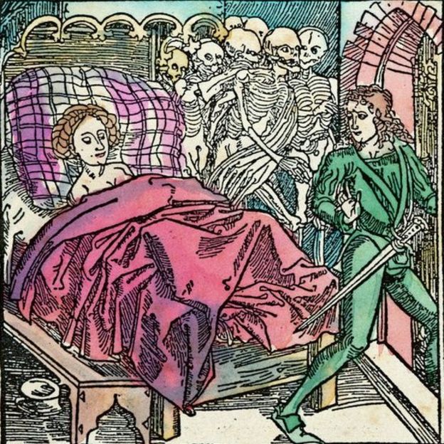 ilustração de mulher na cama com caveiras atrás