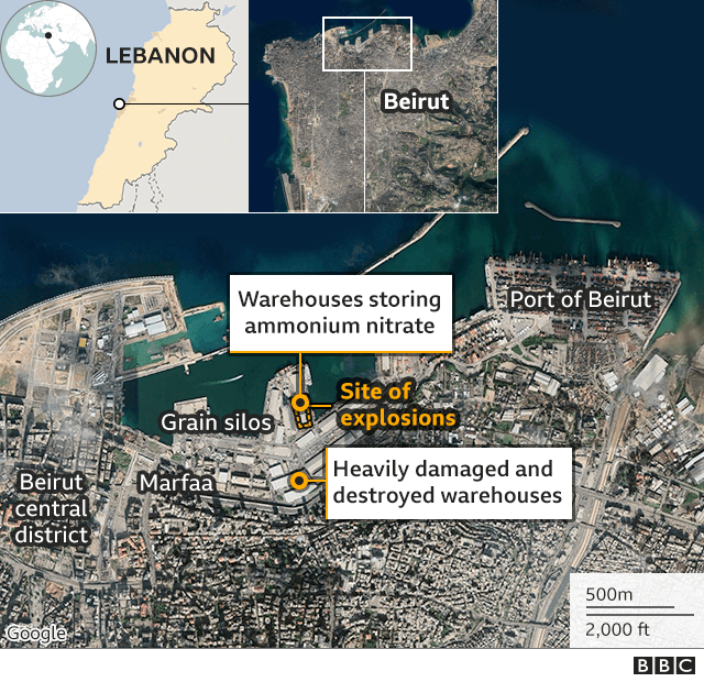 Mapa que muestra la ubicación de la explosión en Beirut