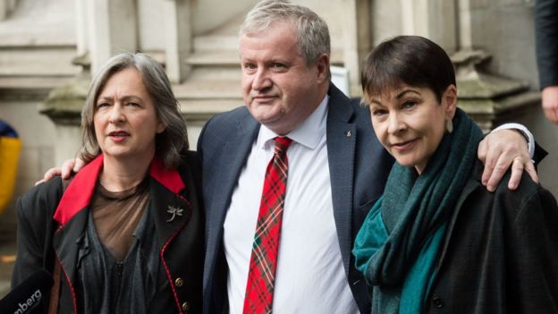 Liz Saville Roberts, with leader of the SNP in the House of Commons Ian Blackford and Green Party MP Caroline Lucas speak to the media outside the Supreme Court following the verdict on the legal challenge against prorogation of Parliament on 24 September, 2019 in London, England.