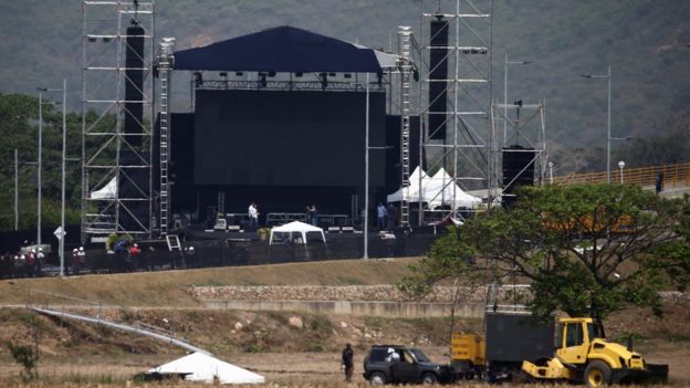 The "Venezuela Aid Live" stage at Tienditas, 21 February