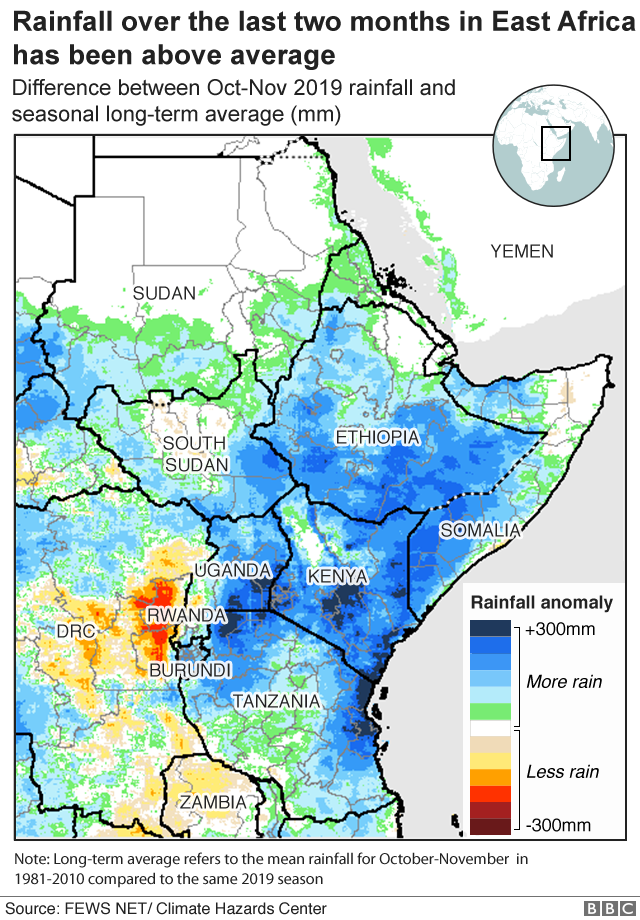 Map showing higher-than-average rainfall in Oct-Nov in East Africa