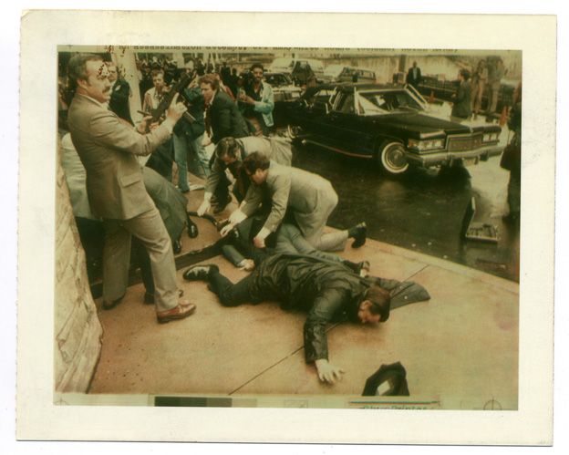 Wire photograph of the assassination attempt on President Reagan, 1981
