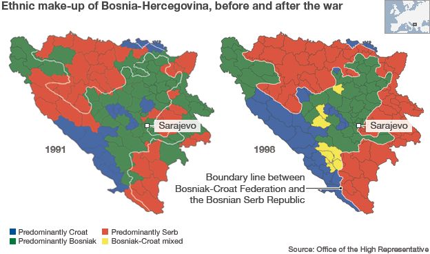 Maps showing Bosnia's ethnic make-up before and after the 1992-95 war