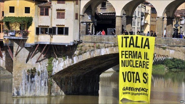 A Greenpeace sign hangs from Florence's Pontevecchio bridge