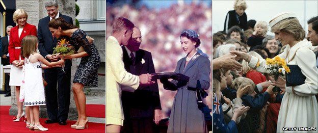 Duchess of Cambridge in Canada; Queen Elizabeth in Australia in 1954; Princess Diana in New Zealand, 1983
