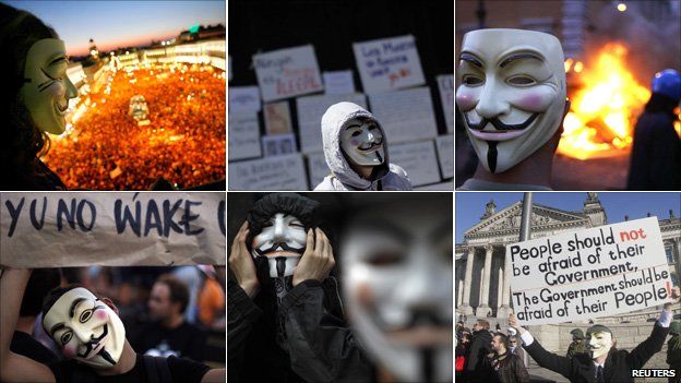 Clockwise from top left - Masked protesters in Madrid, Mexico City, Rome, Berlin, Hong Kong, Lisbon
