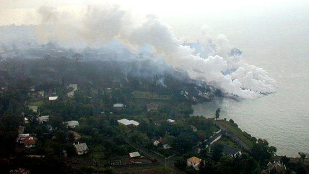 Lava hitting Lake Kivu in January 2002 from the erupting Nyiragongo volcano