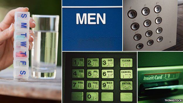 Braille used on - weekly pill box, men's room, elevator and cash machine