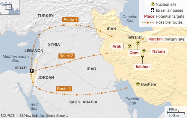 Map showing possible routes Israeli aircraft might take to bomb Iranian nuclear sites