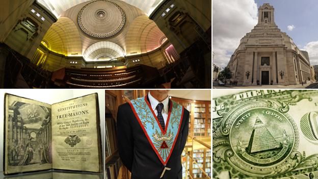 Clockwise from top left: Egyptian room inside Freemasons' Hall, London; facade of the same; Benjamin Franklin on US note; detail of worshipful master; Masonic founding constitution (images courtesy of Thinkstock and Getty images)