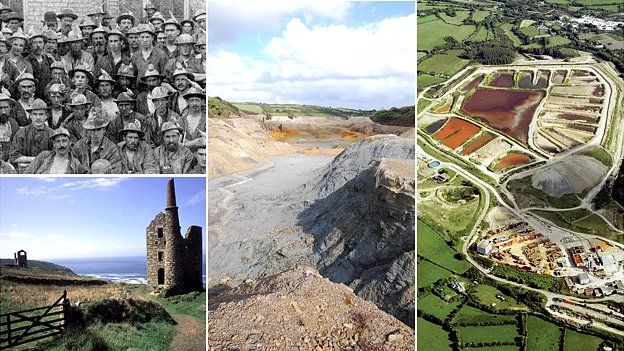 Tin miners, the Cornish landscape, Wheal Maid and Wheal Jane (Photos, clockwise from top left; JC Burrow, Dave Johnston, Environment Agency, BBC)